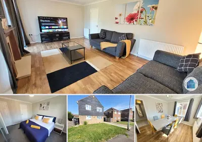 a collage of three pictures of a living room at Modern 4-Bedroom Contractor Base in Lexden with Parking, WiFi & Quick Access to Sites- Catchpole Stays in Lexden