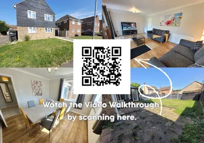 a collage of photos of a house with a video walkthrough at Modern 4-Bedroom Contractor Base in Lexden with Parking, WiFi & Quick Access to Sites- Catchpole Stays in Lexden