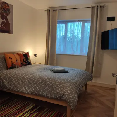 a bedroom with a bed and a large window at Ratcliffe Apartment in Colchester