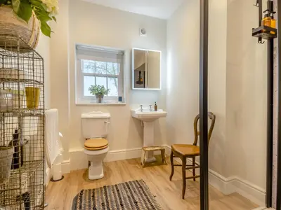 a bathroom with a toilet and a sink at Abbey Barn Farmhouse in Marham