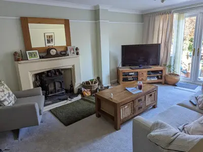 a living room with a television and a fireplace at Little Barham B&B in Wethersfield