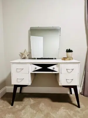 a white desk with a mirror on top of it at Countryside Cottage By Walks & Coast, With Parking in Manningtree