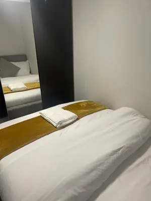 a bedroom with two beds and a mirror at Beautiful en-suite bedroom in Ipswich