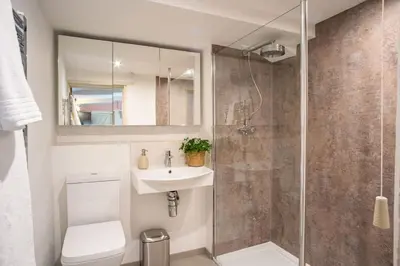 a bathroom with a toilet and a sink and a shower at Guest House in Audley End in Saffron Walden