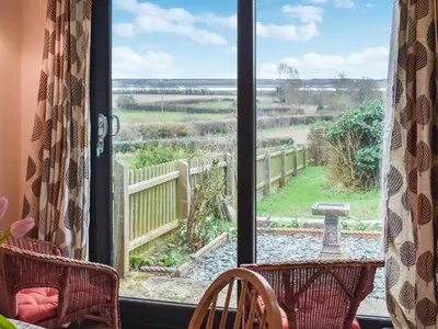 a view of a garden from a window at Cherry Cottage in Ipswich