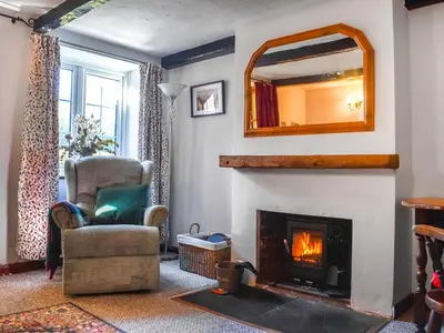 a living room with a fireplace and a chair and a mirror at Cherry Cottage in Ipswich