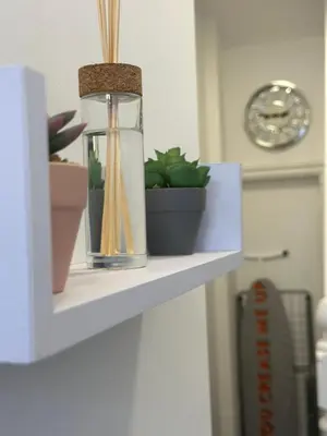 a shelf with plants and a glass jar on it at Cambridge Central Rooms - Tas Accommodations in Cambridge