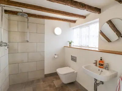 a bathroom with a toilet and a sink and a shower at West House Farm in Leiston