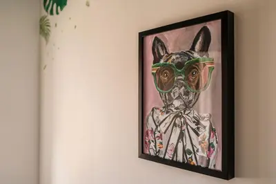 a painting of a dog wearing a gas mask at 4 Bed, 3 Bath in Colchester - Business, Contractor and Leisure - Singles or Superkings - Disc0unts in Colchester