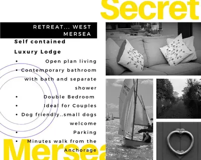 a collage of images of a flyer with a couch at Secret Mersea Retreat - a stroll from the anchorage! in West Mersea