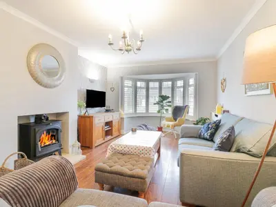 a living room with a couch and a fireplace at Hide and Sleep in Walton-on-the-Naze