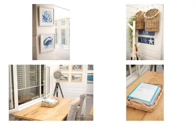 a collage of photos of a room with a table and chairs at Shoreline hideaway - next to the beach in Holland-on-Sea