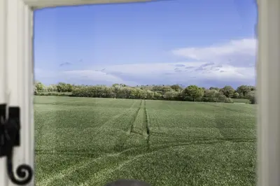 a view of a field from a window at Crows Hall in Colchester