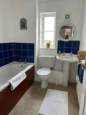a bathroom with a tub and a toilet and a sink at Stylish house centrally located in Bury Saint Edmunds