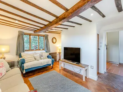 a living room with a couch and a tv at Malting Cottage in Much Hadham