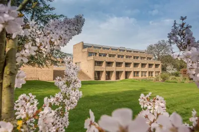 an university building with pink flowers in front of it at Harvey Court Gonville and Caius College in Cambridge