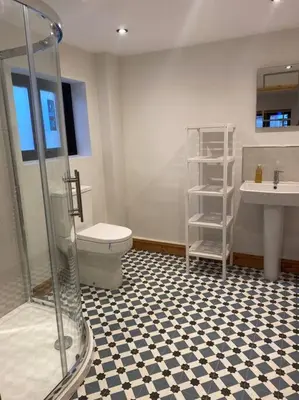 a bathroom with a shower and a toilet and a sink at The Cartlodge, Debenham in Debenham