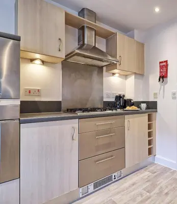 a large kitchen with stainless steel appliances and wooden cabinets at Hythe Hill Home in Colchester
