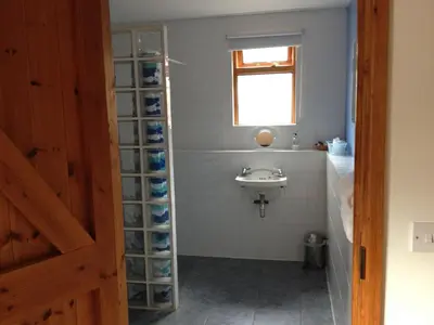 a bathroom with a sink and a toilet and a window at Puttocks Farm in Great Dunmow