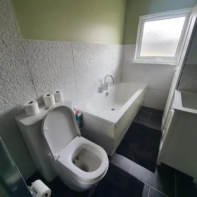 a bathroom with a white toilet and a sink at Beautiful and Cozy 2 Bedroom Apartment Billericay in Billericay