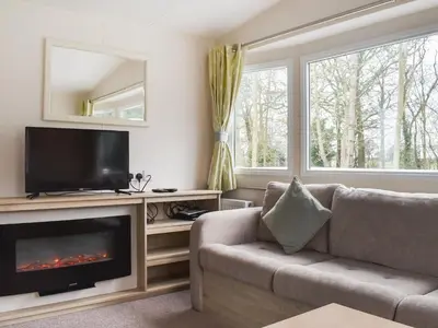 a living room with a couch and a television at Forest Retreat in Saxmundham