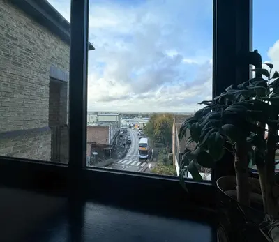a window with a plant and a bus on a street at Urban Oasis in Billericay