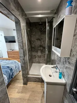 a bathroom with a shower and a sink and a bed at Seagull studio in Felixstowe