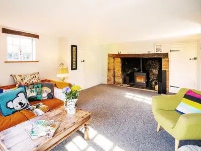 a living room with a couch and a fireplace at Prospect Place by The Suffolk Cottage Collection in Westleton