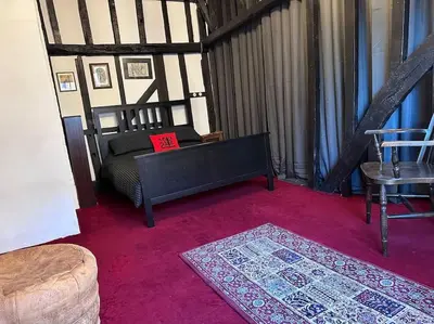 a living room with a bed and a red rug at Characterful house in Hertford - near London in Hertford