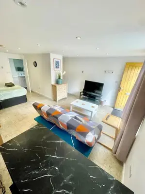 a living room with a bed and a large couch at Cambridge City Centre Studio, Sleeps 3 in Cambridge