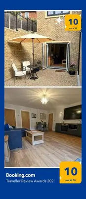 two pictures of a living room with an umbrella at Stansted Airport Stay, Parking and Luxury Suite in Bishops Stortford