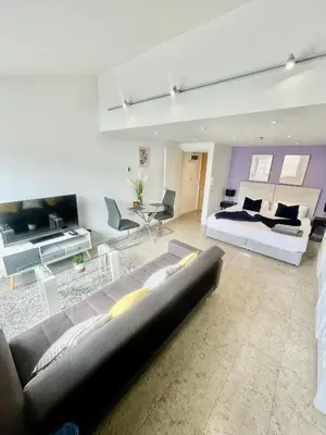 a large living room with a couch and a bed at Studio - Sleeps 3 - Parking - Wifi in Cambridge
