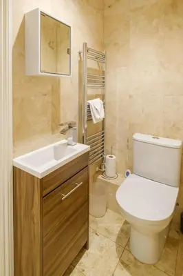 a bathroom with a toilet and a sink and a mirror at Tanyard House in Woodbridge