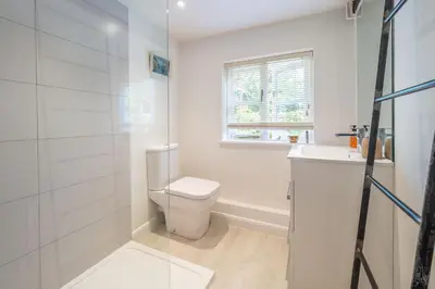 a white bathroom with a toilet and a sink at Foxhole Cottage 10 in Stowmarket