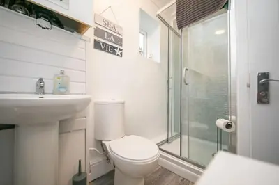 a bathroom with a toilet and a sink and a shower at Beautiful Ground Floor Victorian Apartment in Clacton-on-Sea