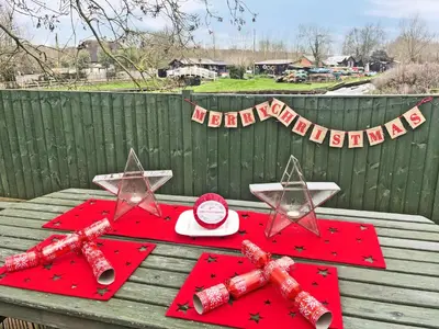 a table with four star decorations on it at Island Lodge - Uk46767 in Little Baddow