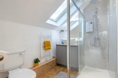 a bathroom with a shower and a toilet and a sink at 1 Bed in Tasburgh oc-t28242 in Ashwellthorpe