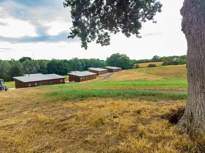 a group of buildings in a field with a tree at Meadow Valley Lodge 4 in Ipswich