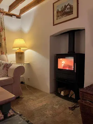 a living room with a fireplace with a television at Rose Cottage Darsham - Suffolk Coastal in Darsham
