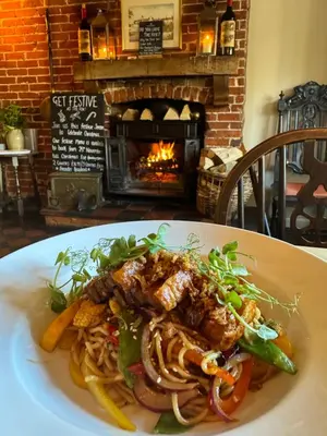 a plate of pasta with meat and vegetables in front of a fireplace at Rose Cottage Darsham - Suffolk Coastal in Darsham