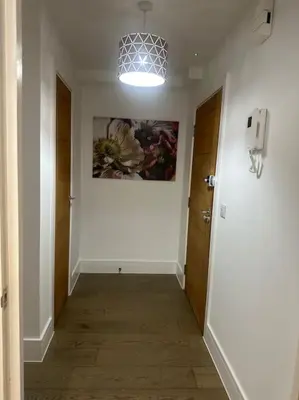 a hallway with a white wall and a painting on the wall at Relaxing 1 bedroom garden flat. in Brentwood