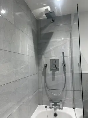 a bathroom with a shower with a toilet in it at Relaxing 1 bedroom garden flat. in Brentwood