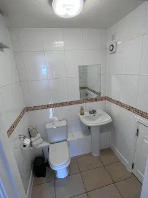 a white bathroom with a toilet and a sink at St Nicolas Cottage in Ipswich