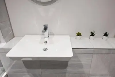 a white sink in a bathroom with potted plants at Cosy, Bright and Spacious Flat in Brentwood