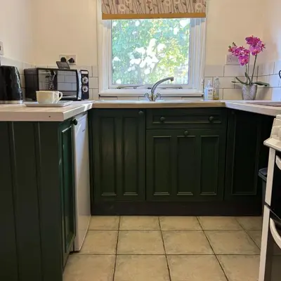 a kitchen with green cabinets and a window at 2 Bed Barn - Sleeps 4 - Pets - Parking - Wifi in Downham Market