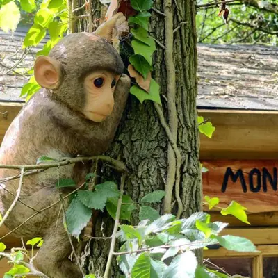 a stuffed monkey is clinging to a tree at Beautiful 1-Bed Cabin in Newmarket in Newmarket