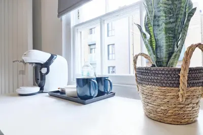 a table with a coffee maker and a plant on it at Chelmsford City Centre Modern Duplex With Parking, Wi-Fi & Netflix in Chelmsford