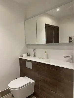 a bathroom with a toilet and a sink and a mirror at The Melodies with Free Parking , Harlow in Harlow