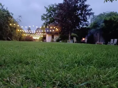 a lawn with chairs and lights in a park at night at Straw Bale Cottage in Halesworth