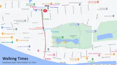 a map of walkingtimes with a red dot at 2 Bedroom Apartment with Garden, Close to Beach in Southend-on-Sea